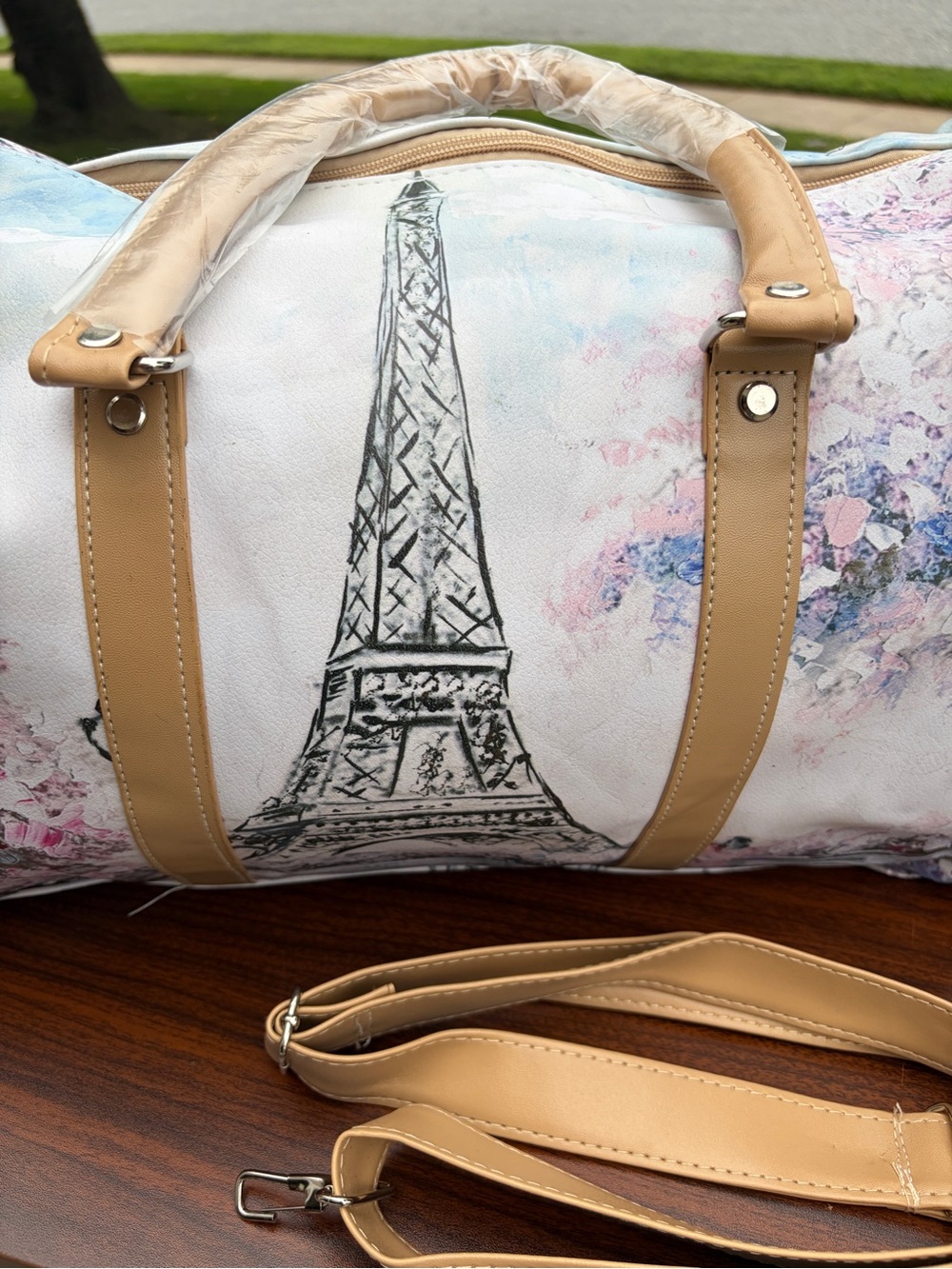 Paris Eiffel Tower Floral Weekender Duffel Bag Shoulder Strap New - Picture 3 of 11